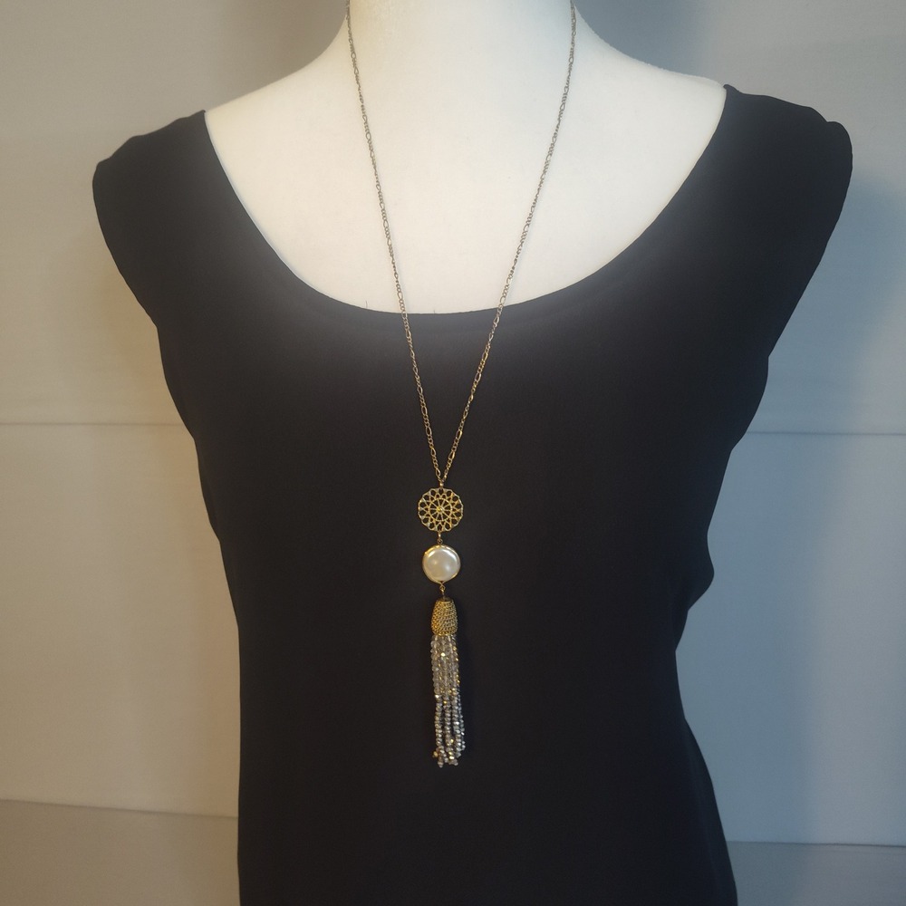 Long Tassel Necklace Gold Silver Tone Filigree Faux Pearl Beaded Pendant 20in